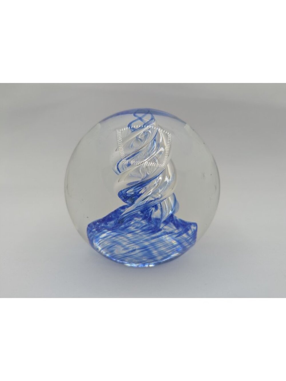 Large Paperweight Glass, Spiral cone blue speckled bottom abstract coastal 3.5”